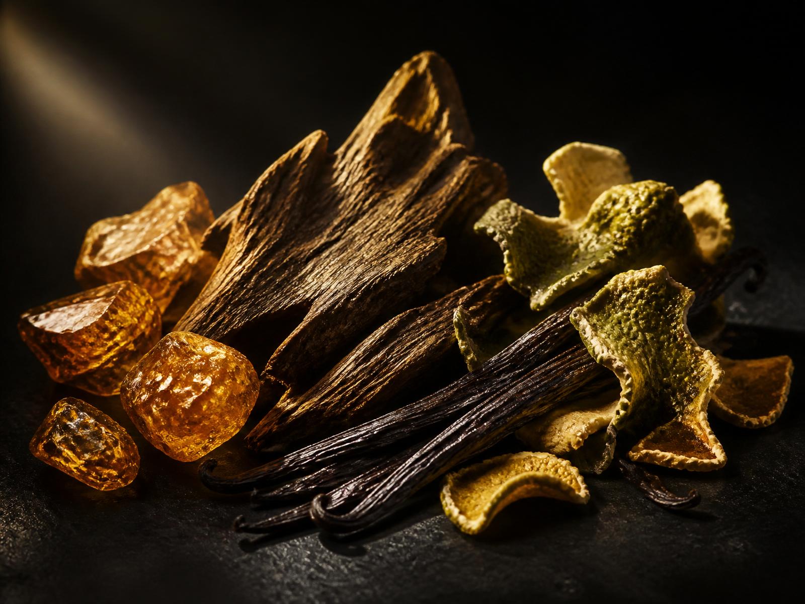Fragrance ingredients — oud, bergamot, vanilla, amber